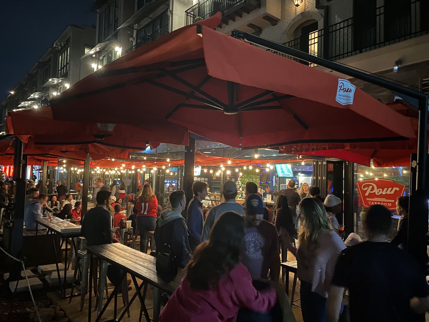 Pour Taproom Beltline patio at night